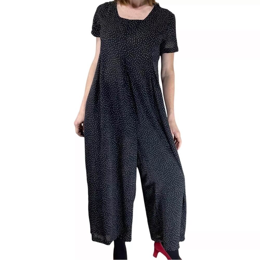 VTG Express One Piece Jumpsuit Wide Leg Y2K Sheer Black Polkadot Size Medium